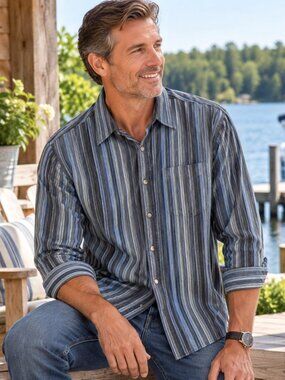 Striped Button-Down Shirt Lightweight Puritan Blue Green Stripes Men's LT 42/44